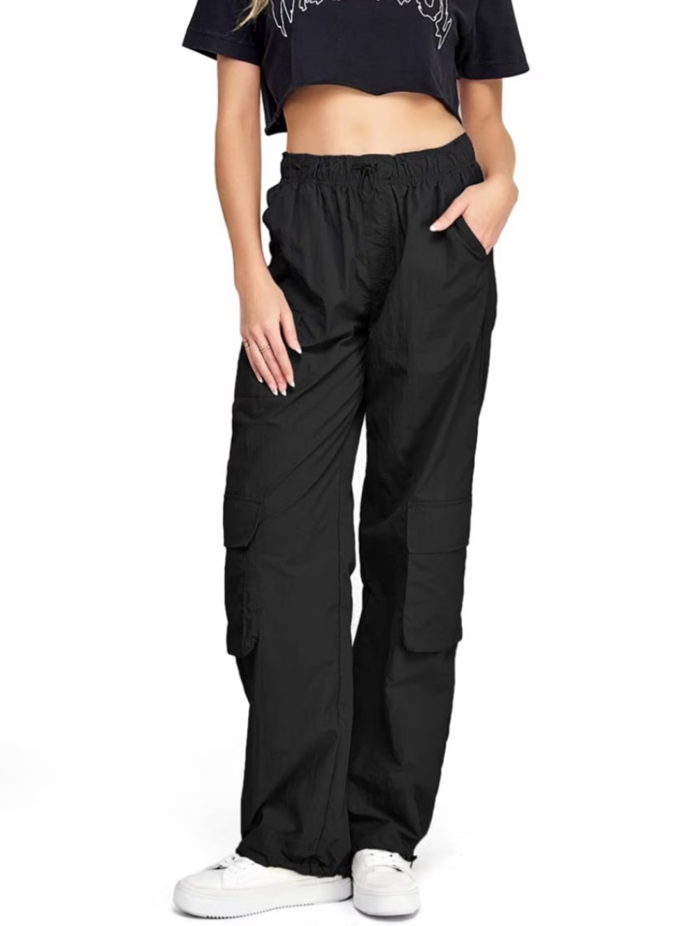 NWT Love Tree parachute pants side pockets cinch ankle cord slouchy black L